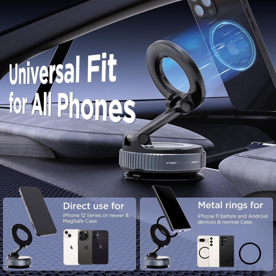 Car phone holder with metal rings for various phone models on a car dashboard.