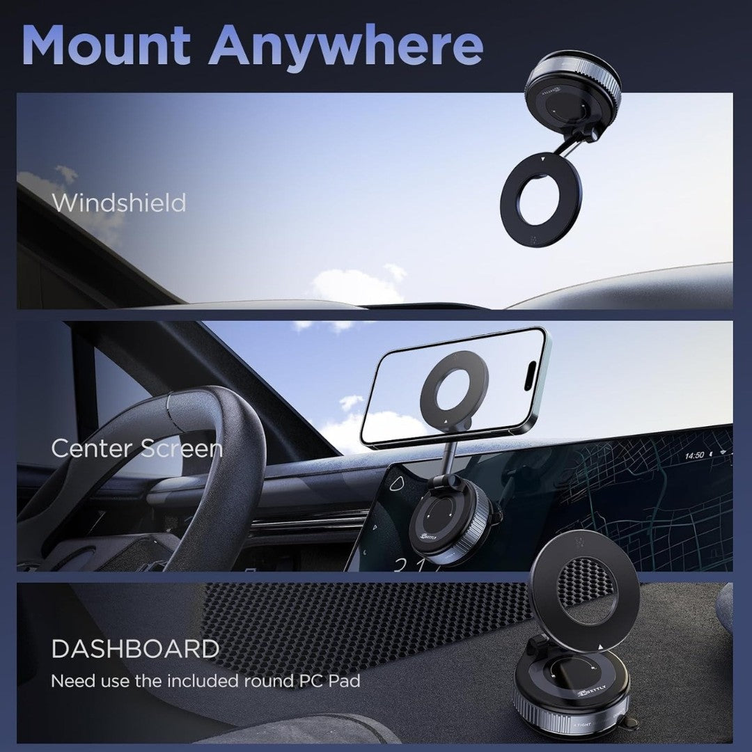 Phone mount system for windshield, center screen, and dashboard with text 'Mount Anywhere'.