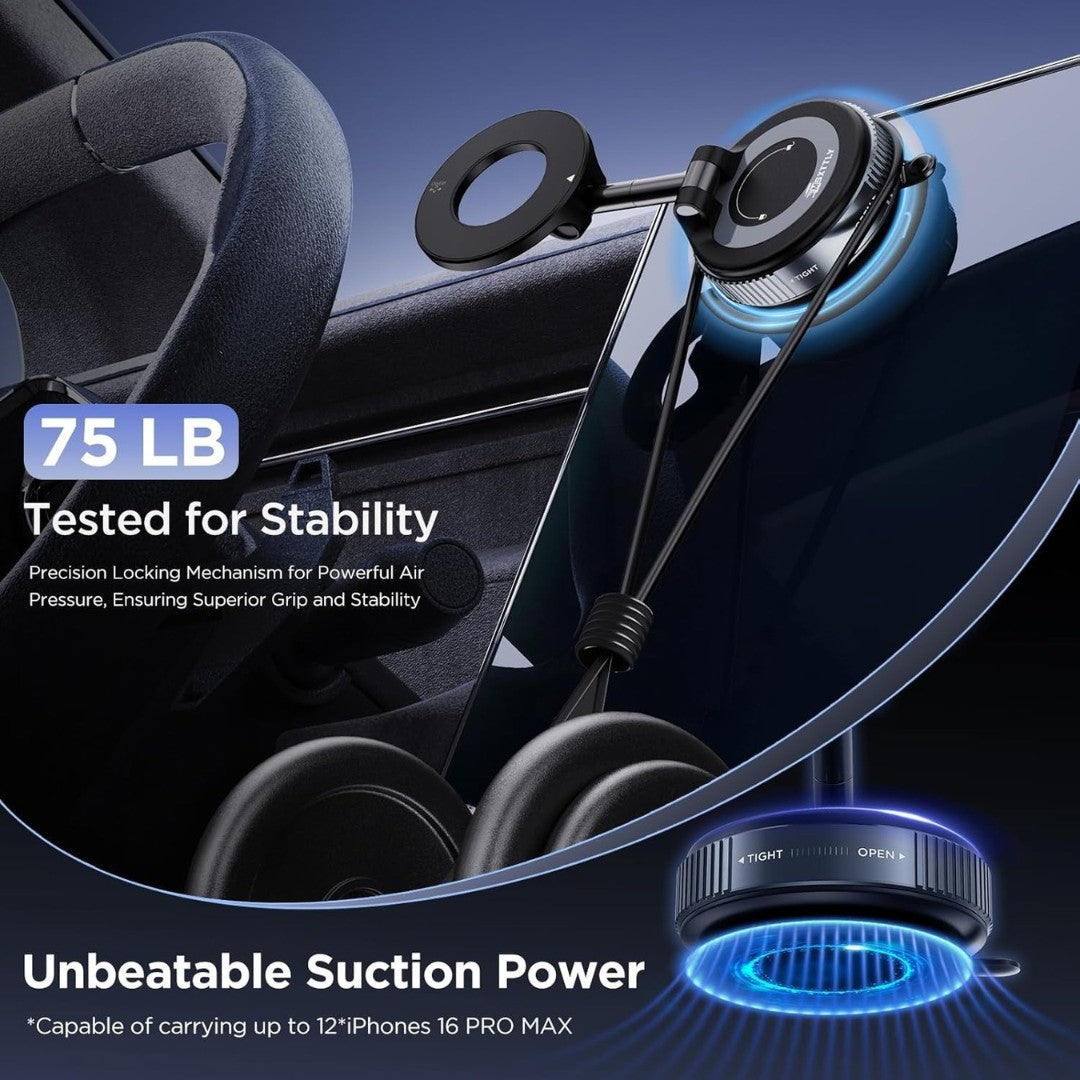 Car phone mount with suction cup and stability testing details on a car interior background