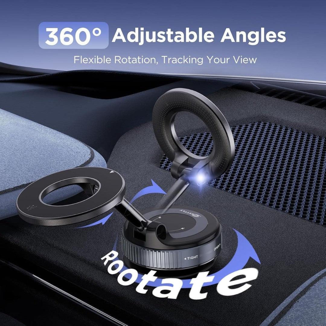 360-degree adjustable phone holder on a car dashboard with 'Rotate' text