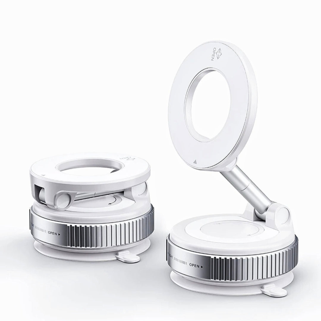 Two white magnifying glasses with adjustable arms on a light gray background