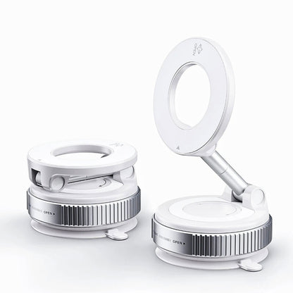 Two white magnifying glasses with adjustable arms on a light gray background