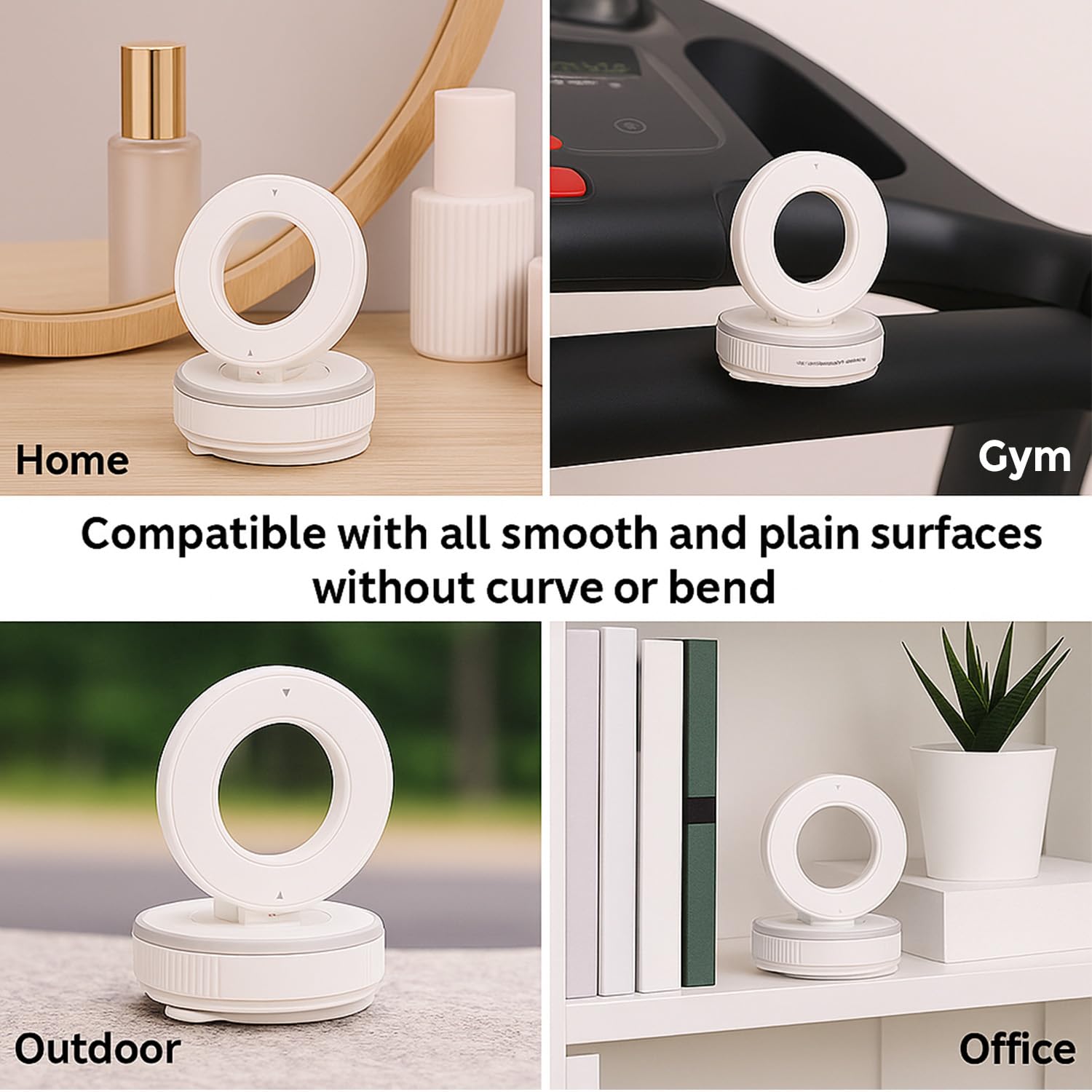 White circular object on various surfaces with text indicating compatibility.