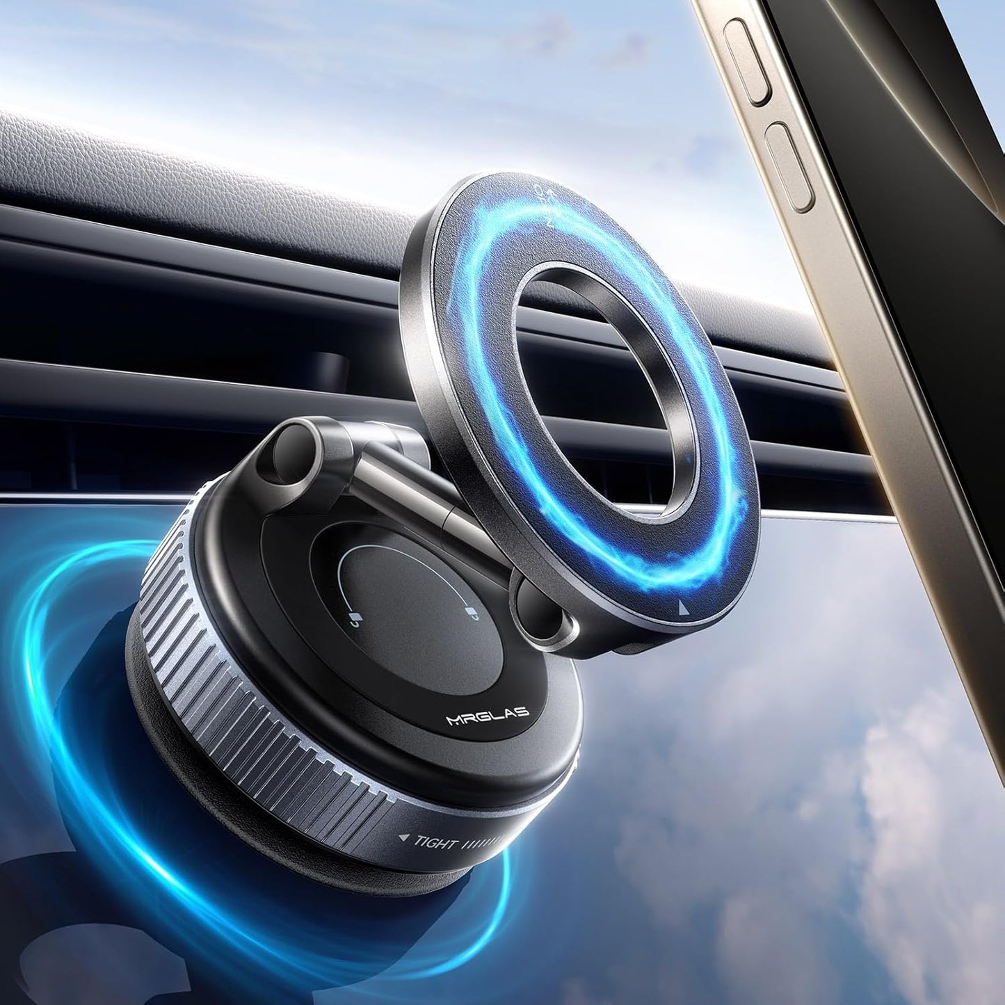 Car phone holder with blue light effect on car dashboard