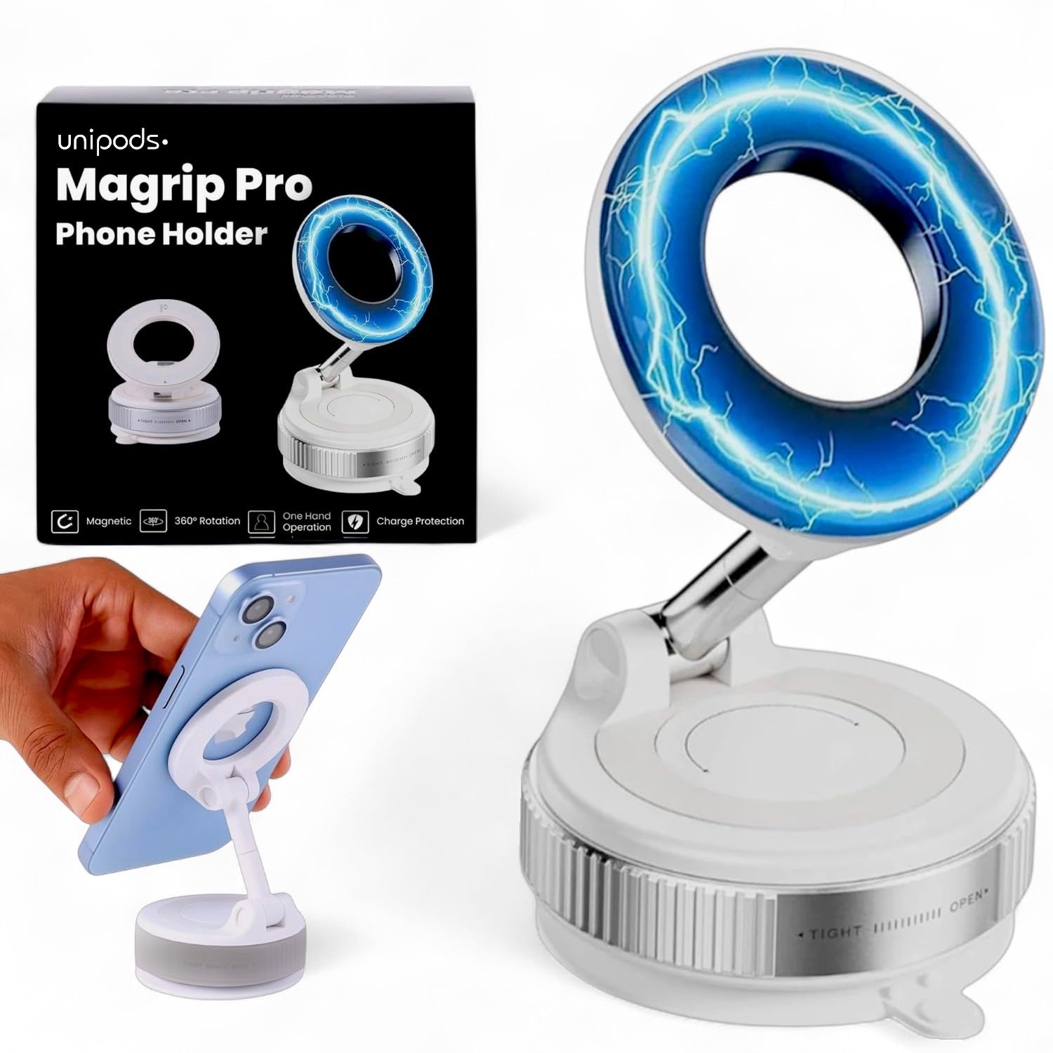 Unipods Magrip Pro phone holder with packaging and smartphone attachment on a white background