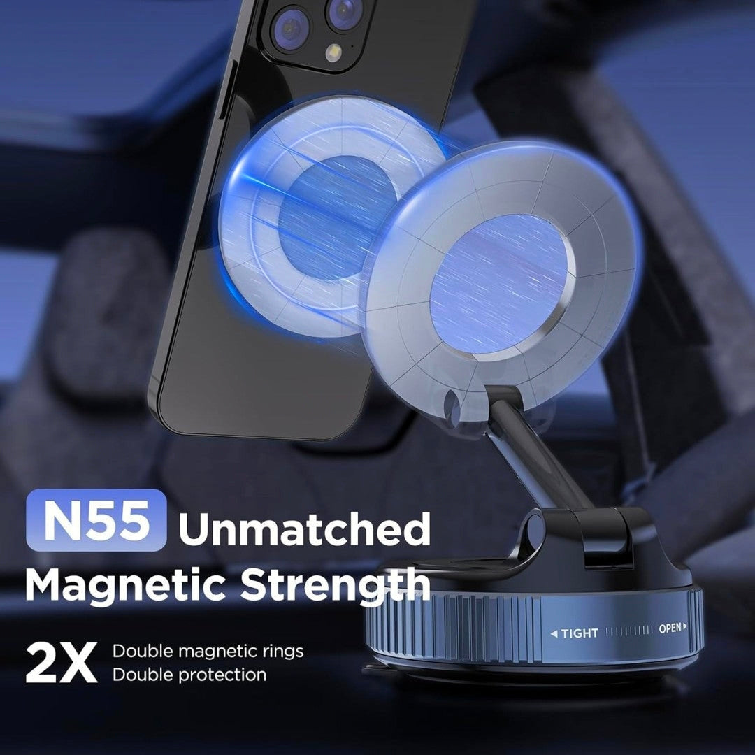 Phone holder with magnetic rings on a car dashboard, emphasizing N55 strength.