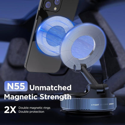 Phone holder with magnetic rings on a car dashboard, emphasizing N55 strength.