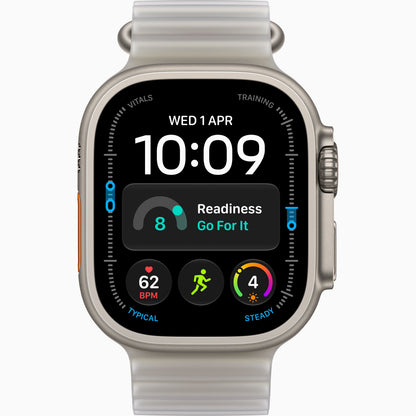 Watch Ultra 4 with a silver-toned titanium case and a beige woven fabric band, watch ultra 4 copy or clone. Alternative of watch ultra 4. desert color