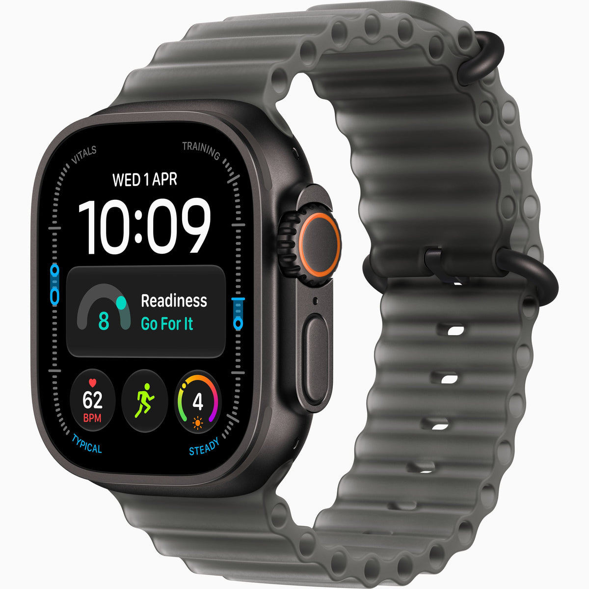 Watch Ultra 4 with a sblack toned titanium case and a beige woven fabric band, watch ultra 4 copy or clone. Alternative of watch ultra 4. black color