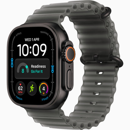 Watch Ultra 4 with a sblack toned titanium case and a beige woven fabric band, watch ultra 4 copy or clone. Alternative of watch ultra 4. black color