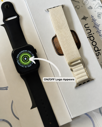 A black smartwatch with a black silicone band is shown next to a white UniPods box and a cream-colored woven strap. A white arrow points to the watch face, which displays a green and black circular ON/OFF logo, with the text 'ON/OFF Logo Appears' written below.