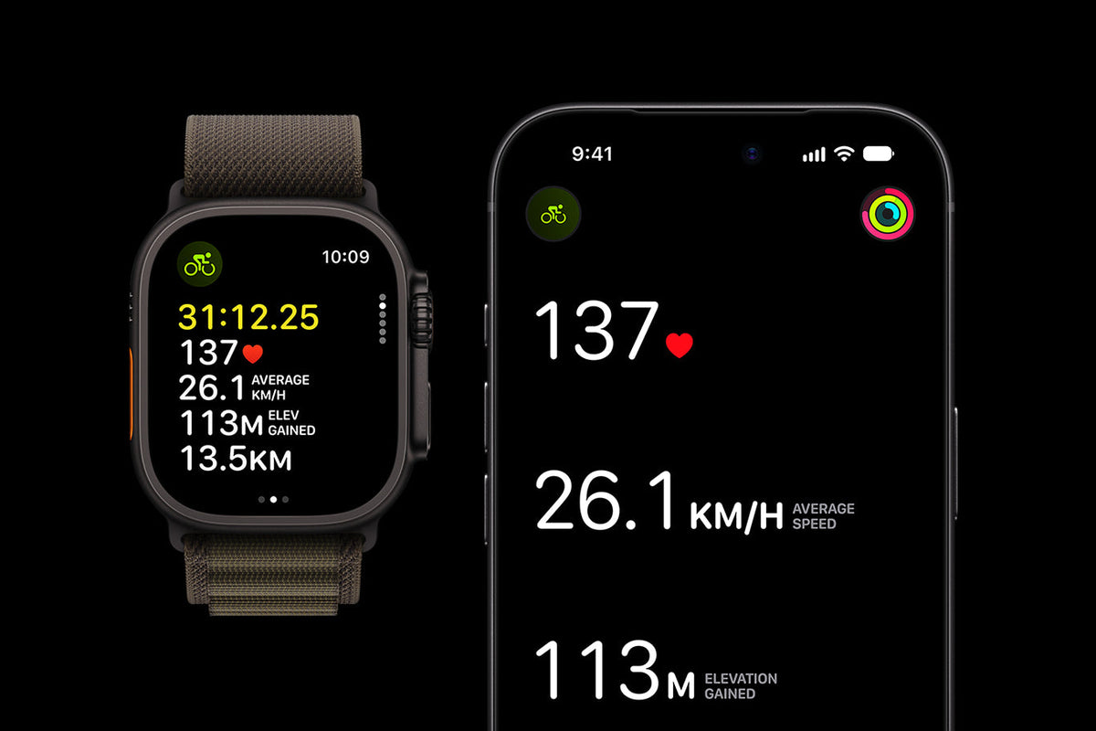 A smartwatch with a dark olive-brown woven strap shown beside a smartphone displaying fitness metrics, on a solid black background. Watch ultra 4 Copy 
