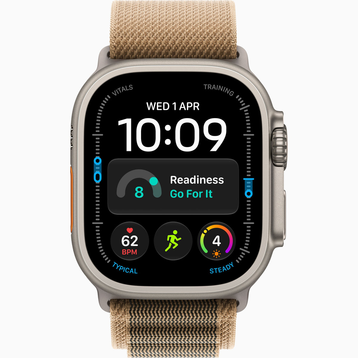 Watch Ultra 4 with a silver-toned titanium case and a beige woven fabric band, watch ultra 4 copy or clone. Alternative of watch ultra 4. desert color