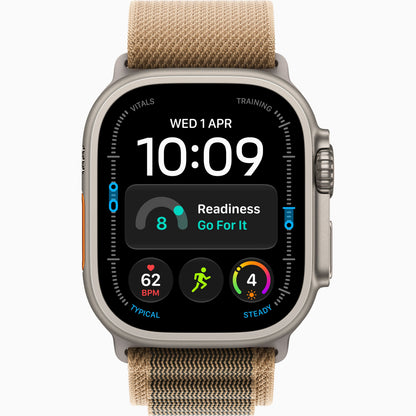 Watch Ultra 4 with a silver-toned titanium case and a beige woven fabric band, watch ultra 4 copy or clone. Alternative of watch ultra 4. desert color